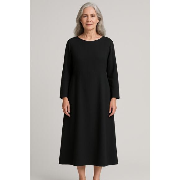 Eileen Fisher 100% Silk Dark Gray Textured Long Sleeve Midi Dress Tie Back L - Picture 1 of 10